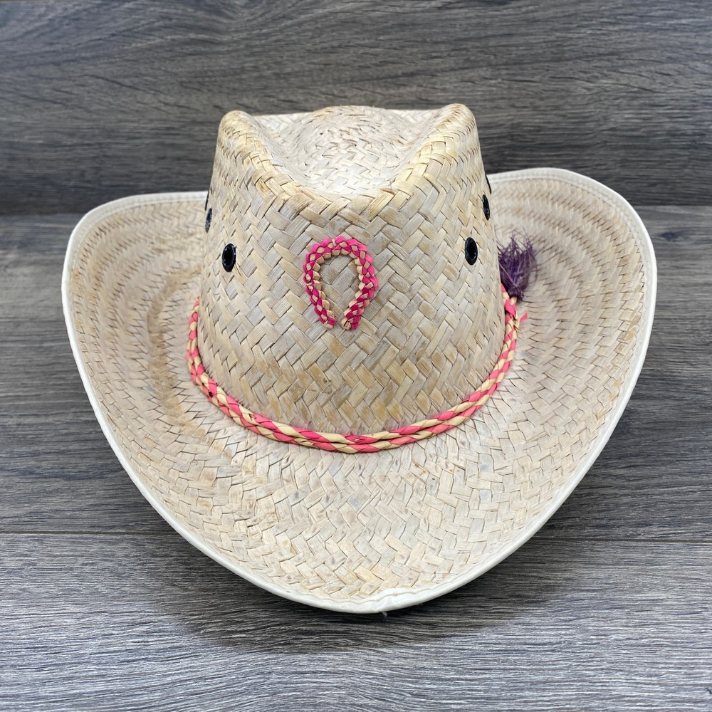 Childrens Straw Cowboy Hat Pink Horseshoe Accent Purple Feather